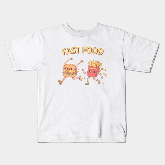 Funny Fast Food Running Burger and Fries Kids T-Shirt by rustydoodle